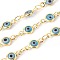 Handmade Evil Eye Lampwork Link Chains, Soldered, with Brass Findings, with Spool, Long-Lasting Plated, Flat Round, Golden, Sky Blue, 10x4.5x2mm, Hole: 1.5mm, about 32.8 Feet(10m)/roll