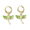 Dragonfly Real 18K Gold Plated Brass Dangle Leverback Earrings, with Enamel and Cubic Zirconia, Green, 30x17.5mm