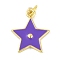 Brass Enamel Pendants, with Jump Ring, Real 18K Gold Plated, Star Charm, Blue Violet, 18.5x15x2mm, Hole: 3mm