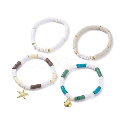 4Pcs 4 Style Handmade Polymer Clay Heishi Surfer Stretch Bracelets Set with Alloy Shell Starfish Charm BJEW-JB07759-1