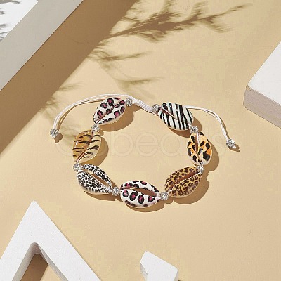 Animal Skin Printed Natural Cowrie Shell & Polymer Clay Braided Bead Bracelet with Rhinestone BJEW-JB09205-1