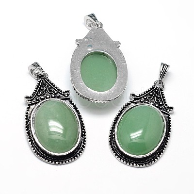 Oval Antique Silver Zinc Alloy Natural Green Aventurine Big Pendants G-F228-27G-FF-1