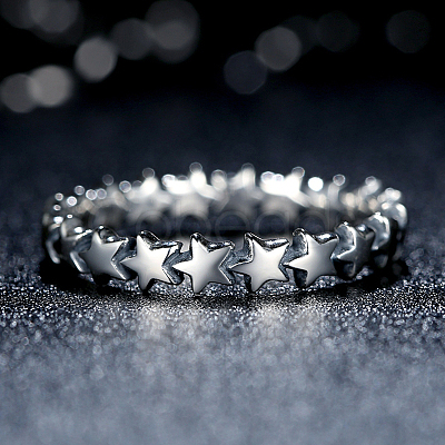 Star Rhodium Plated 925 Sterling Silver Finger Rings RJEW-FF0003-07-19mm-1