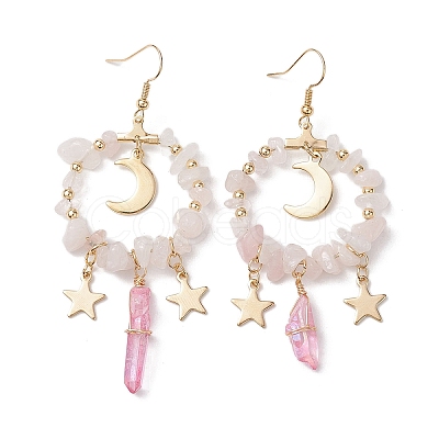 Natural Rose Quartz Chip & Dyed Quartz Crystal Beaded Ring Dangle Earrings EJEW-TA00357-03-1