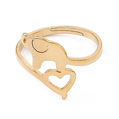 Ion Plating(IP) 201 Stainless Steel Elephant with Heart Adjustable Ring for Women RJEW-K238-07G-1