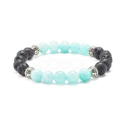 Natural Chalcedony & Natural Lava Rock Round Beads Stretch Bracelet for Her BJEW-JB06920-1