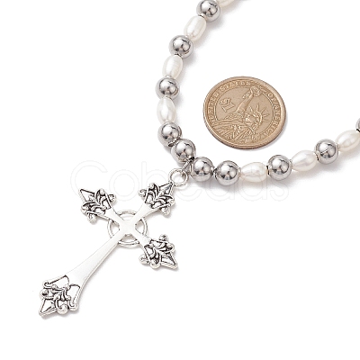 Natural Pearl with Cross Alloy Pendant Necklaces NJEW-JN04813-1