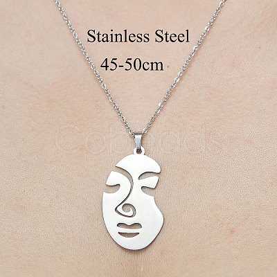 Non-Tarnish 201 Stainless Steel Hollow Abstract Face Pendant Necklace NJEW-OY001-83-1