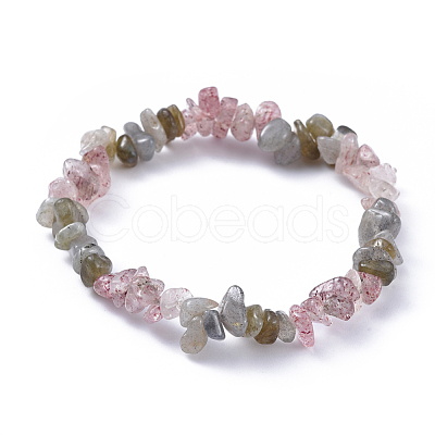 Natural Labradorite & Strawberry Quartz Chip Stretch Bracelets BJEW-JB04490-01-1