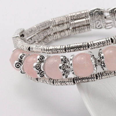 Tibetan Style Antique Silver Alloy Natural Rose Quartz Gemstone Bracelets X-BJEW-JB01649-03-1