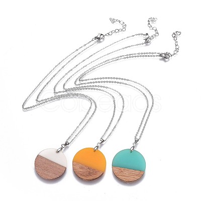 Flat Round Resin & Wood Pendant Necklaces NJEW-JN02324-M-1