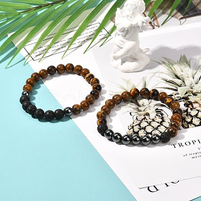 Natural Tiger Eye & Lava Rock & Synthetic Hematitie Beads Stretch Bracelet Set BJEW-JB07030-1