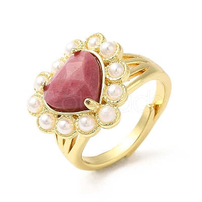 Ion Plating(IP) Natural Mixed Gemstone Heart Adjustable Ring with Plastic Pearl Beaded RJEW-E075-05G-1