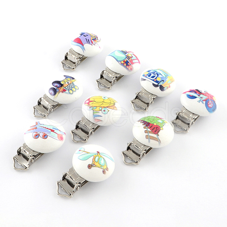 Vehicle Pattern Half Round Printed Wooden Baby Pacifier Holder Clip with Iron Clasps WOOD-R251-10-1