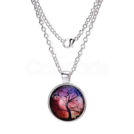 Tree Of Life Pattern Flat Round Glass Pendant Necklaces X-NJEW-N0051-048N-02-1