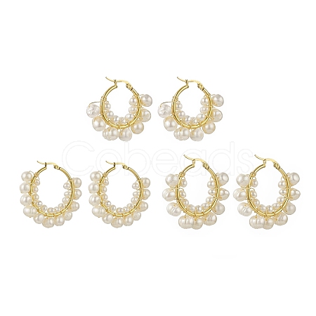 3 Pair 3 Size Natural Pearl Beaded Hoop Earrings EJEW-JE05168-1