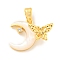 Brass Micro Pave Clear Cubic Zirconia Pendants, with Shell, Moon with Butterfly, Real 18K Gold Plated, 12x17x5mm, Hole: 4x2mm