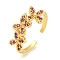 Flower Rack Plating Brass Micro Pave Cubic Zirconia Open Cuff Rings for Women, Cadmium Free & Lead Free, Long-Lasting Plated, Real 18K Gold Plated, Medium Violet Red, Flower: 9.8x20.5mm, Adjustable