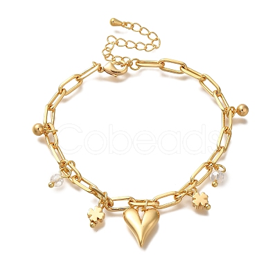 Heart & Clover Brass Charm Bracelets BJEW-L696-009G-1