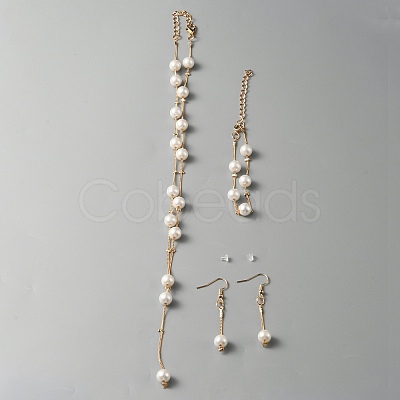 Plastic Imitation Pearl Beaded Necklace & Bracelet & Dangle Earrings SJEW-WH0009-05-1