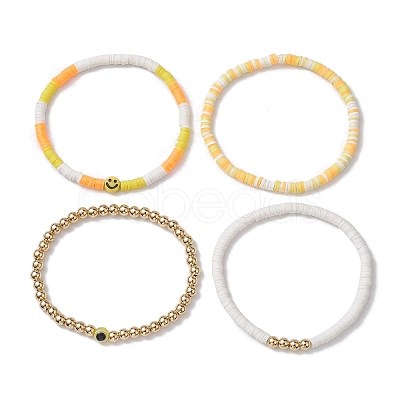 4Pcs Evil Eye & Smiling Face Polymer Clay & Plastic Beaded Stretch Bracelet Sets BJEW-JB10226-1