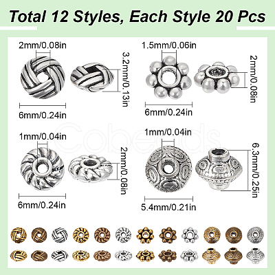 SUNNYCLUE 240Pcs 12 Styles Tibetan Style Alloy Spacer Beads TIBEB-SC0001-29-1