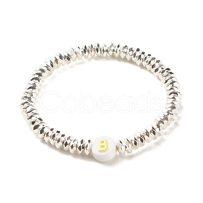 Synthetic Hematite Stretch Bracelet with Initial Letter Acrylic Beads BJEW-JB07960-1