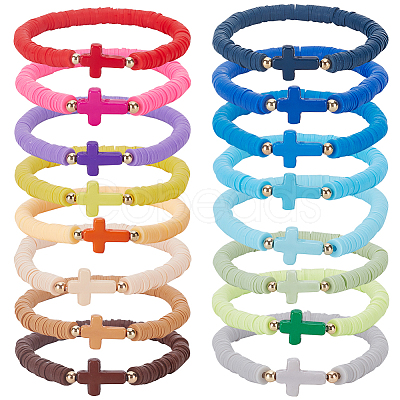 ANATTASOUL 16Pcs 16 Style Polymer Clay Heishi Surfer Stretch Bracelets Set BJEW-AN0001-65-1