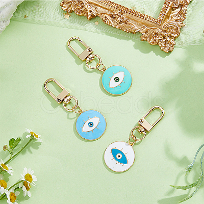 DICOSMETIC 3Pcs 3 Colors Flat Round with Evil Eye Alloy Enamel Pendant Decoration KEYC-DC0001-23-1