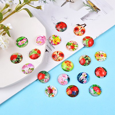 100Pcs Flower Printed Glass Cabochons sgGGLA-SZ0001-19-1