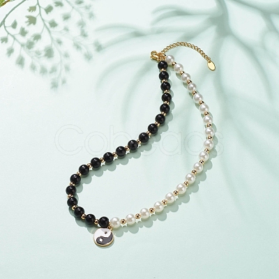 Alloy Eaneml Yin Yang Charm Necklace with Plastic Imitation Pearl Beaded for Women NJEW-JN03913-1