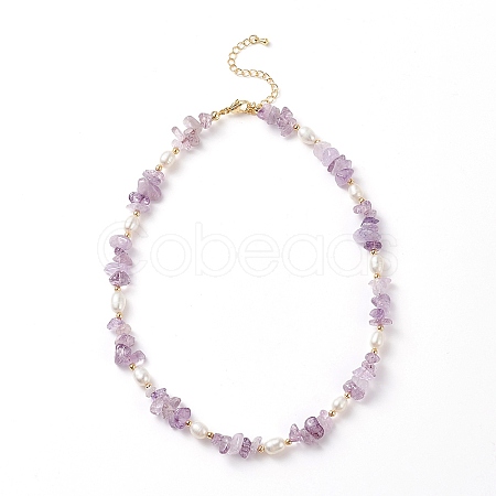 Natural Amethyst Chips & Pearl Beaded Necklace NJEW-JN04008-03-1