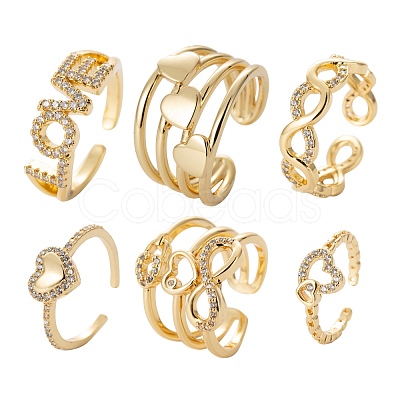 6Pcs 6 Styles Brass Micro Pave Clear Cubic Zirconia Cuff Rings RJEW-LS0001-45G-1