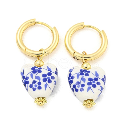 Handmade Porcelain Blue and White Porcelain Heart Hoop Earrings EJEW-A042-01-1