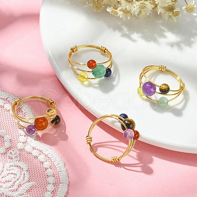 4Pcs 4 Style Natural Mixed Gemstone Braided Bead Finger Rings Set RJEW-TA00083-1