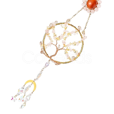 Flat Round with Tree of Life Copper Wire Wrapped Natural Citrine Chip Pendant Decorations AJEW-Q143-10-1