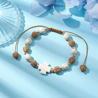 8mm Round Synthetic Magnesite & Rudraksha Braided Bead Bracelets BJEW-JB10346-1