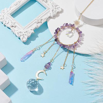 Natural Amethyst Chip Pendant Decorations with Brass Moon & Cable Chain & Electroplated Quartz Crystal Tassel HJEW-JM01650-03-1