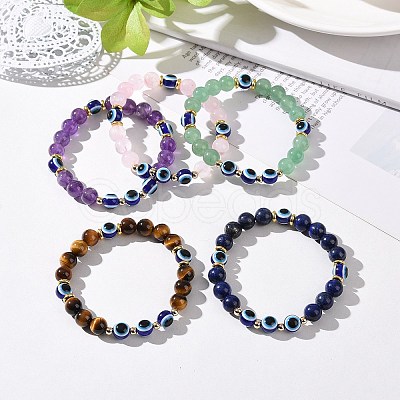 5Pcs Natural Lapis Lazuli & Amethyst & Rose Quartz & Tiger Eye & Green Aventurine Beads Stretch Bracelets Set BJEW-JB08936-1