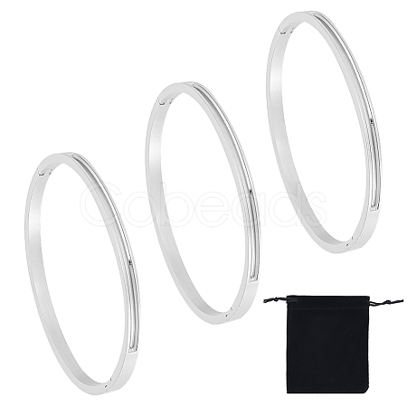 Unicraftale 3Pcs Egg Shaped 201 Stainless Steel Grooved Hinged Bangles STAS-UN0048-67-1
