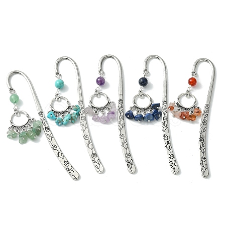 5Pcs 5 Style Ring Alloy Pendant Bookmarks with Gemstone Chip Tassels AJEW-TA00009-1