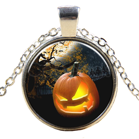 Halloween Theme Glass Pendant Necklaces NJEW-J057-B941-S-1
