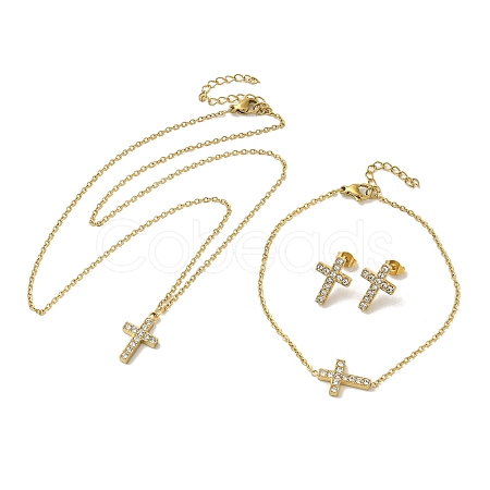 Ion Plating(IP) 304 Stainless Steel Cross Pendant Necklaces & Bracelets & Stud Earrings Sets for Women SJEW-C004-12G-1