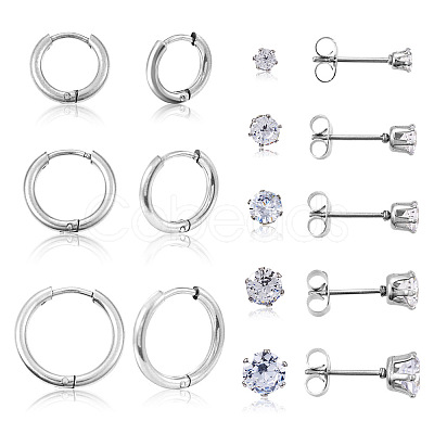 16Pcs 8 Style Clear Cubic Zirconia Stud Earrings & Titanium Steel Huggie Hoop Earrings DIY-TA0004-54-1