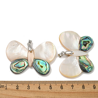 Rack Plating Brass Pave Natural Paua Shell & White Shell Pendants KK-U025-12P-02-1