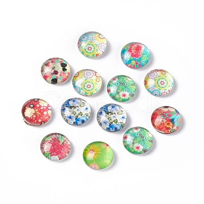 Half Round/Dome Floral Printed Glass Flatback Cabochons X-GGLA-A002-10mm-UU-1