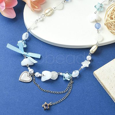 Alloy Heart Pendant Necklace with Bowknot NJEW-FZ00009-1