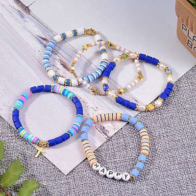 5Pcs 5 Style Handmade Polymer Clay Beads Stretch Bracelets Sets BJEW-SZ0001-77B-1