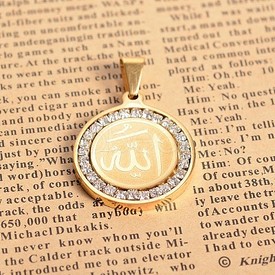 304 Stainless Steel Crystal Rhinestone Flat Round with Allah Pendants STAS-E093-16G-1