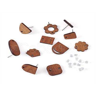 Fashewelry 22Pairs 11 Style Walnut Wood Stud Earring Findings MAK-FW0001-01-1